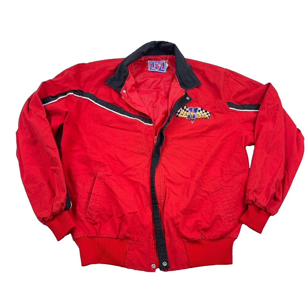 Vintage Bill Elliott Jacket Men Large Red Full Zip Windbreaker Budweiser 90s USA